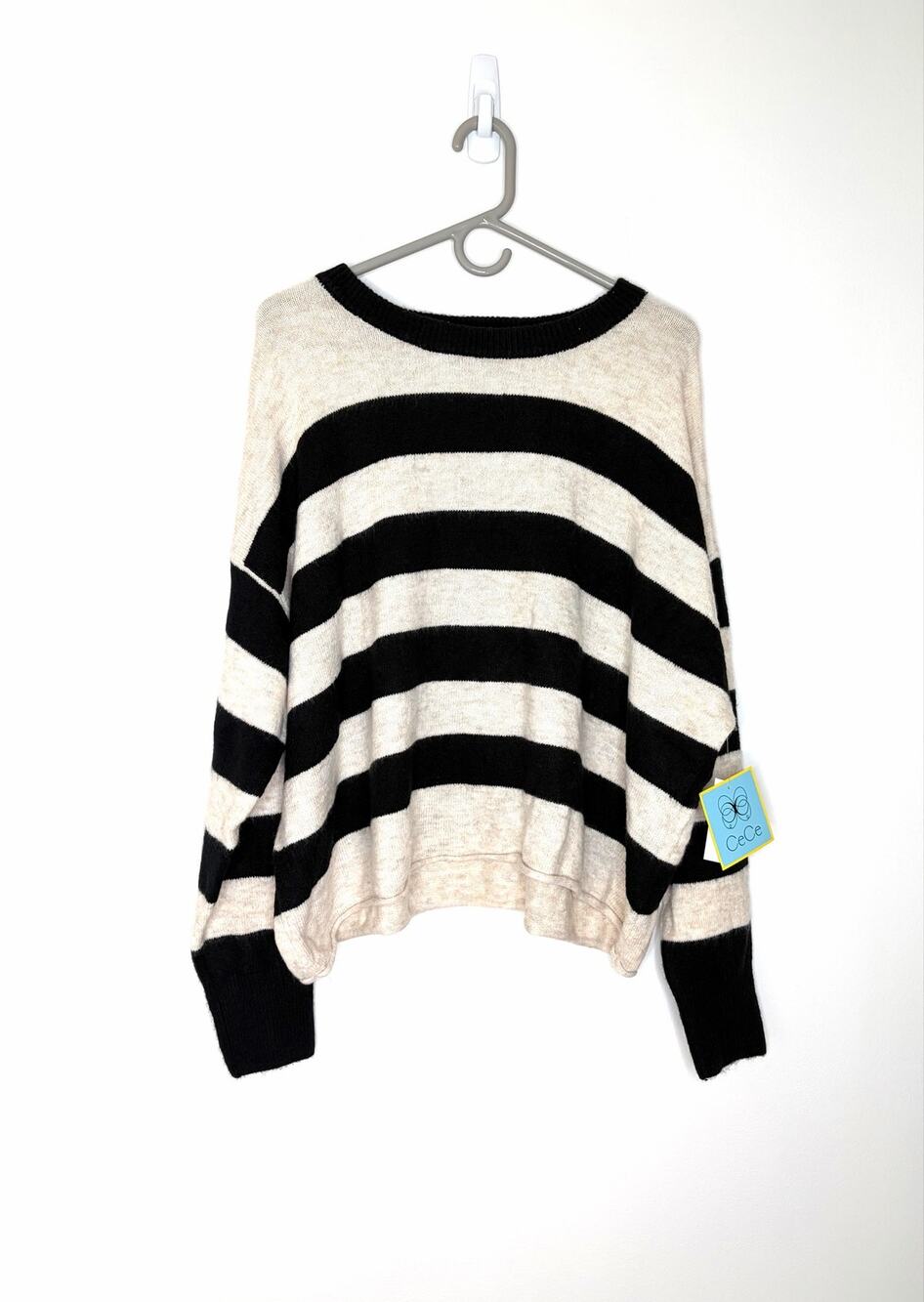 Cece Striped Sweater Sz XL Malted/Rich Black Neutral Cozy Capsule Minimalist NWT
